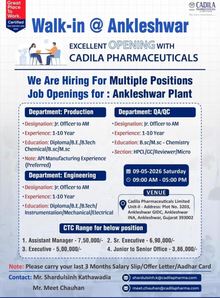 Cadila Pharmaceuticals walk in interview
