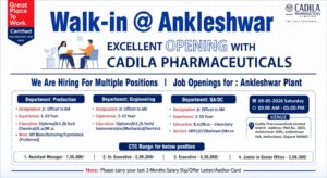Cadila Pharmaceuticals Walk‑In Interview 2026 – Ankleshwar Plant